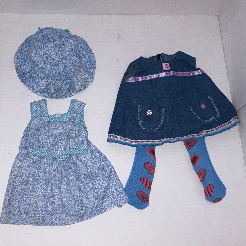 Baby Doll Blue Sundress Bonnet and Denim Dress Set with Pink Accents and Tights
